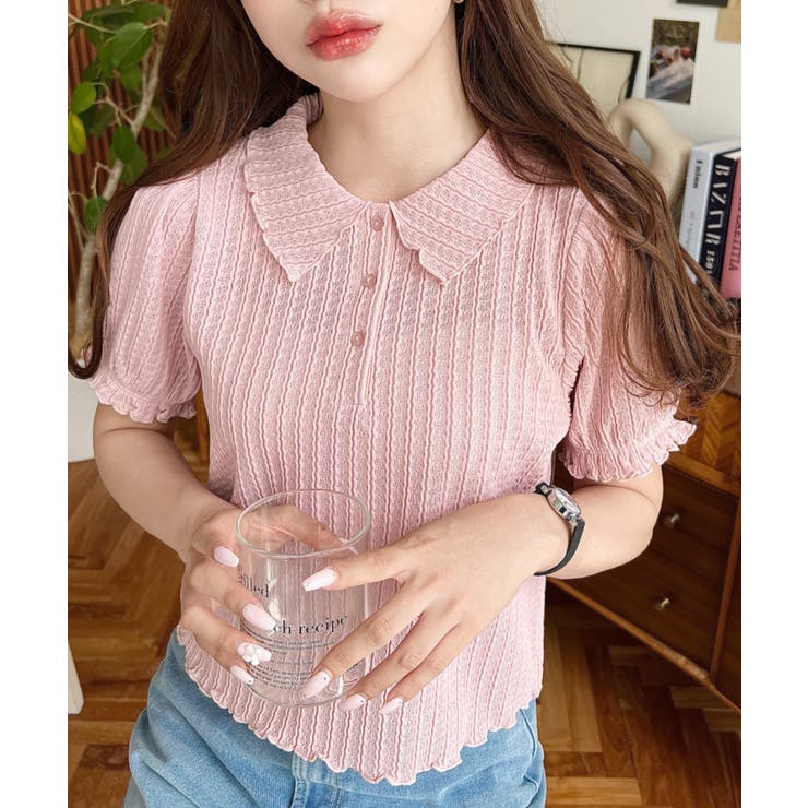 ピンク | ストライプレースパフスリーブ半袖ポロシャツ | moment+