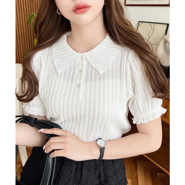 オフホワイト | ストライプレースパフスリーブ半袖ポロシャツ | moment+