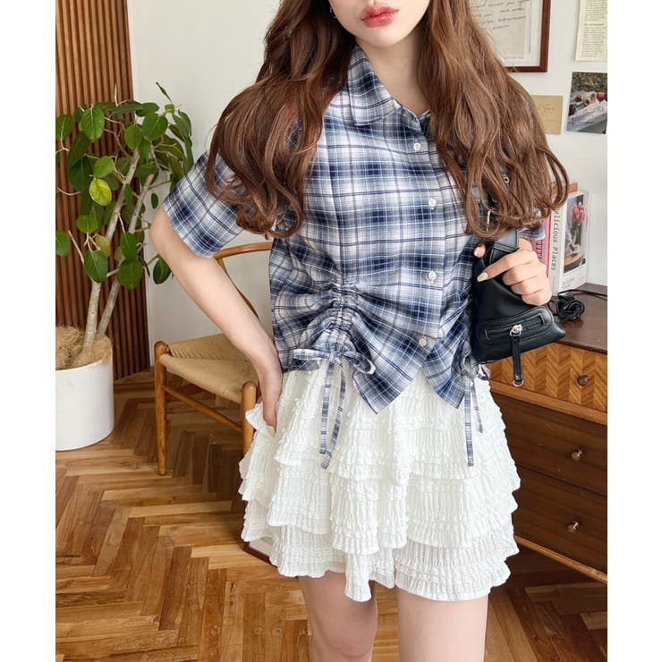 裾ドロストチェックシャツ[品番：ERMW0000334]｜moment+