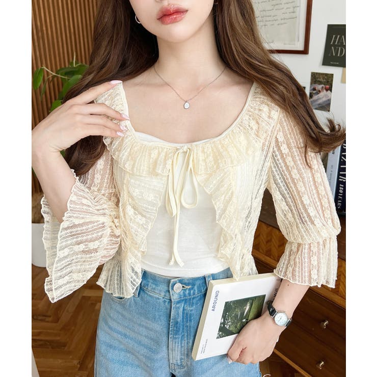 フラワーストライプストレッチレースショート丈フリルカーディガン | moment+ | 詳細画像10 