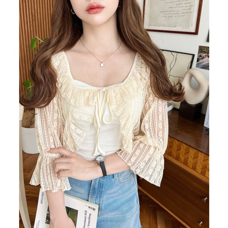 フラワーストライプストレッチレースショート丈フリルカーディガン | moment+ | 詳細画像11 