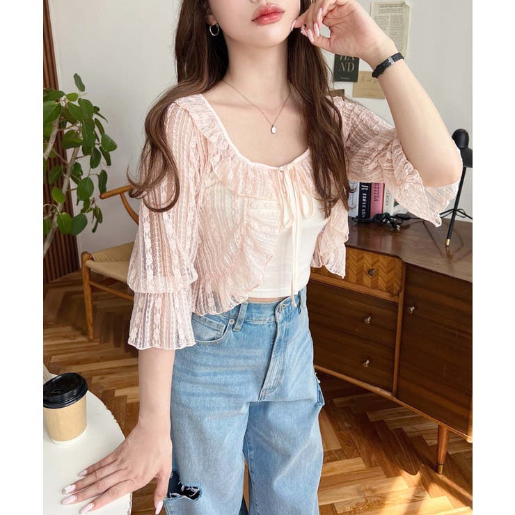 フラワーストライプストレッチレースショート丈フリルカーディガン | moment+ | 詳細画像18 