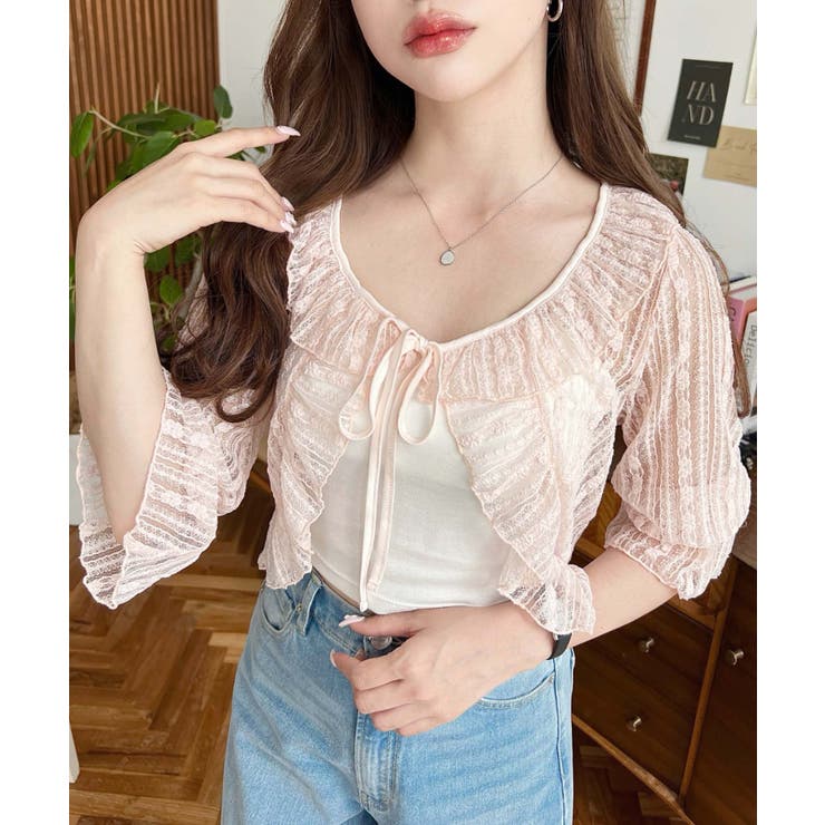 フラワーストライプストレッチレースショート丈フリルカーディガン | moment+ | 詳細画像19 