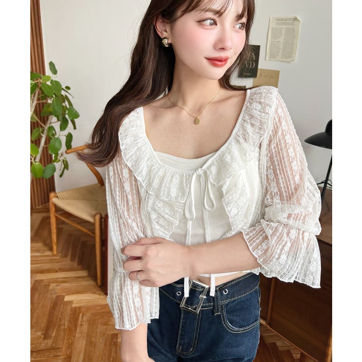 フラワーストライプストレッチレースショート丈フリルカーディガン | moment+ | 詳細画像2 