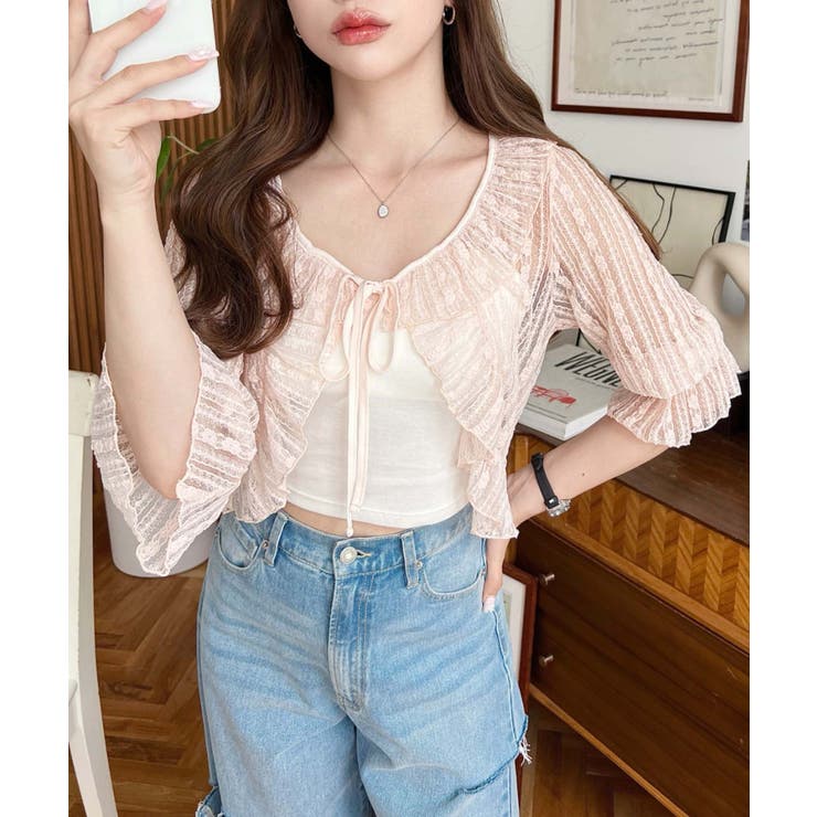 フラワーストライプストレッチレースショート丈フリルカーディガン | moment+ | 詳細画像20 