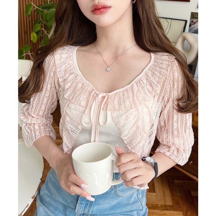 フラワーストライプストレッチレースショート丈フリルカーディガン | moment+ | 詳細画像21 