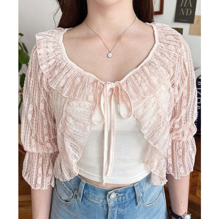 フラワーストライプストレッチレースショート丈フリルカーディガン | moment+ | 詳細画像22 