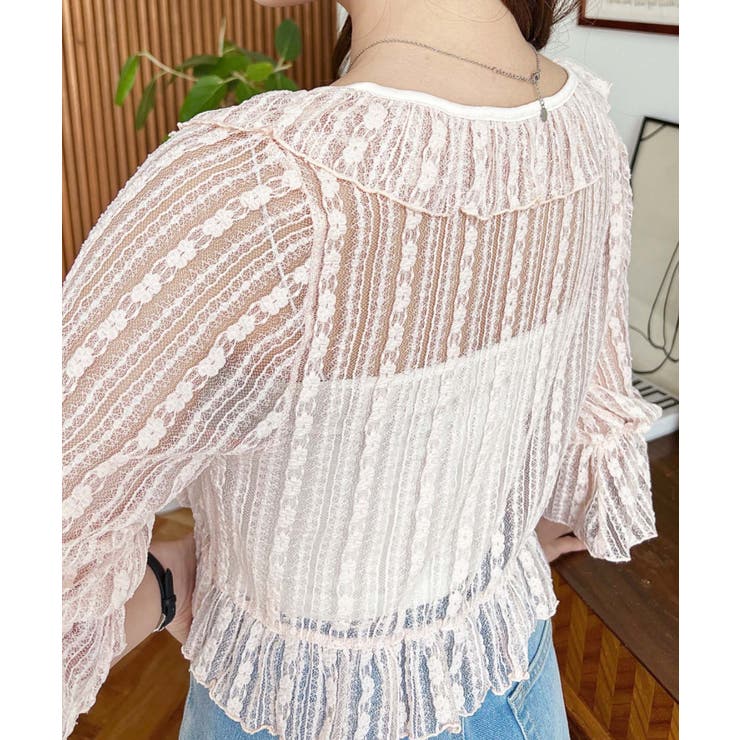 フラワーストライプストレッチレースショート丈フリルカーディガン | moment+ | 詳細画像24 