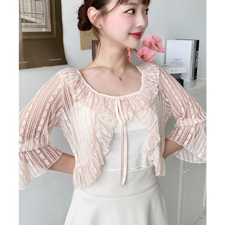 フラワーストライプストレッチレースショート丈フリルカーディガン | moment+ | 詳細画像25 