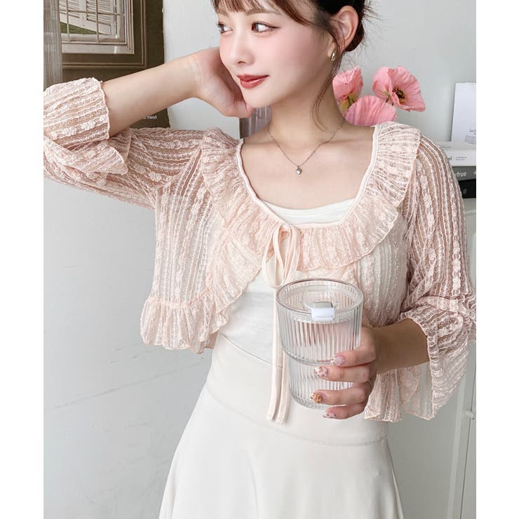 フラワーストライプストレッチレースショート丈フリルカーディガン | moment+ | 詳細画像26 