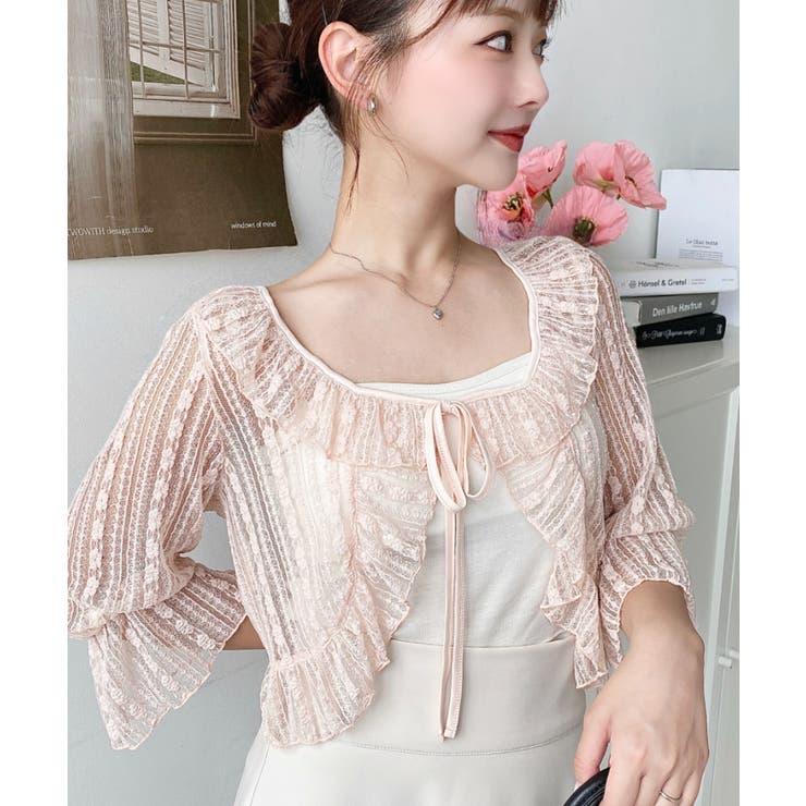 フラワーストライプストレッチレースショート丈フリルカーディガン | moment+ | 詳細画像27 