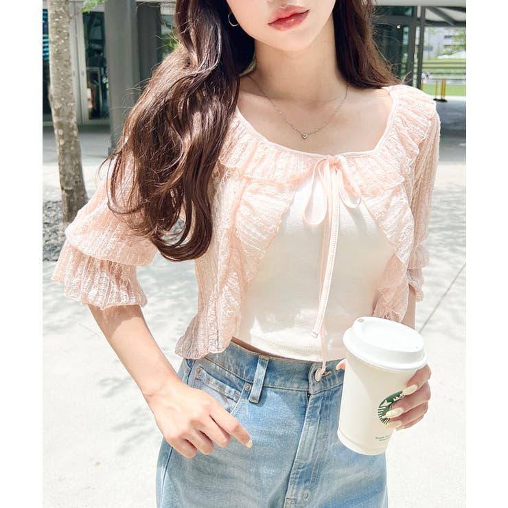 フラワーストライプストレッチレースショート丈フリルカーディガン | moment+ | 詳細画像29 