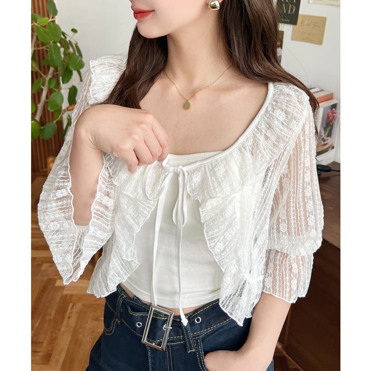 フラワーストライプストレッチレースショート丈フリルカーディガン | moment+ | 詳細画像3 