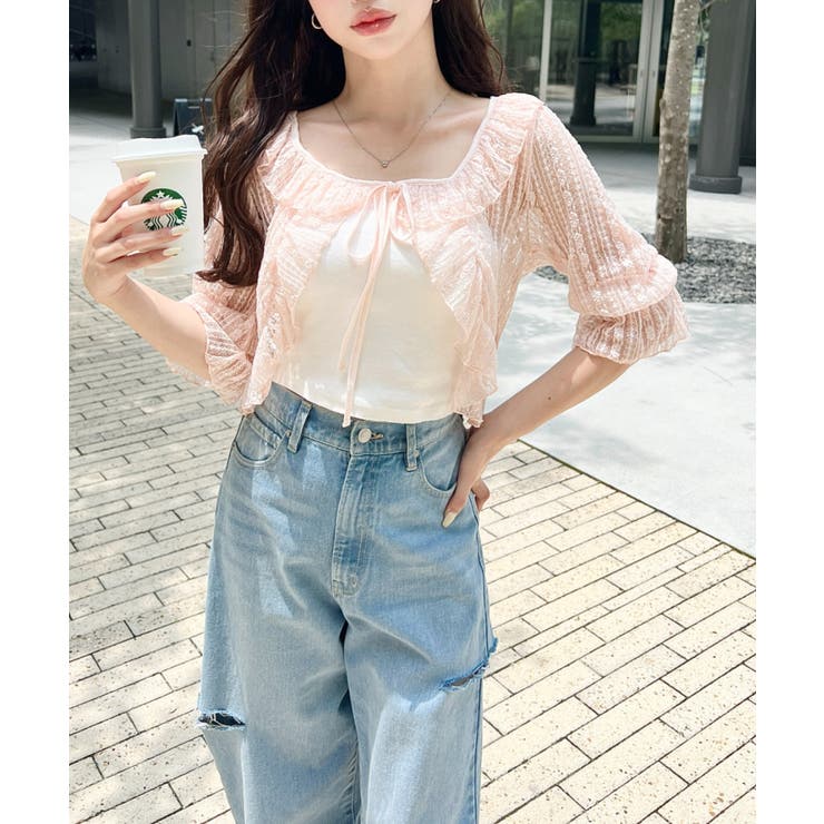 フラワーストライプストレッチレースショート丈フリルカーディガン | moment+ | 詳細画像30 