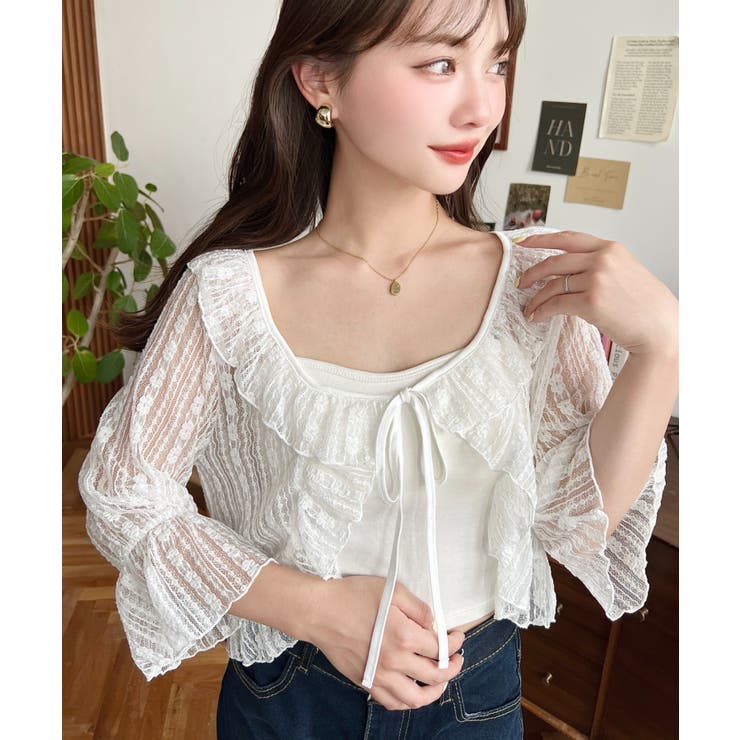 フラワーストライプストレッチレースショート丈フリルカーディガン | moment+ | 詳細画像4 