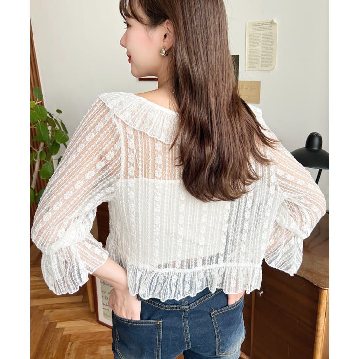 フラワーストライプストレッチレースショート丈フリルカーディガン | moment+ | 詳細画像5 