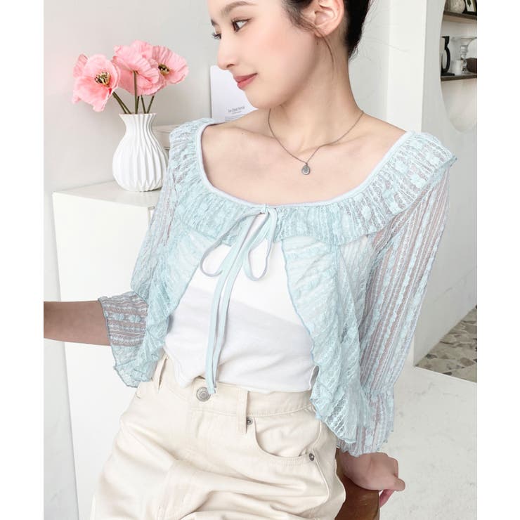 フラワーストライプストレッチレースショート丈フリルカーディガン | moment+ | 詳細画像7 