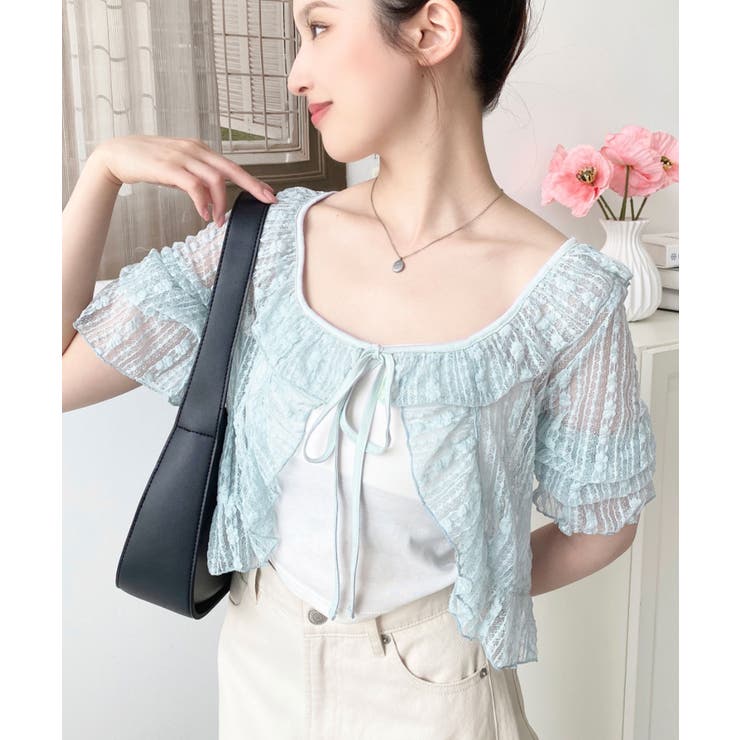 フラワーストライプストレッチレースショート丈フリルカーディガン | moment+ | 詳細画像8 