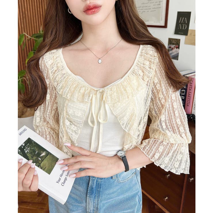 フラワーストライプストレッチレースショート丈フリルカーディガン | moment+ | 詳細画像9 