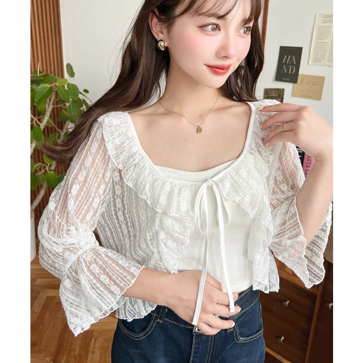 フラワーストライプストレッチレースショート丈フリルカーディガン