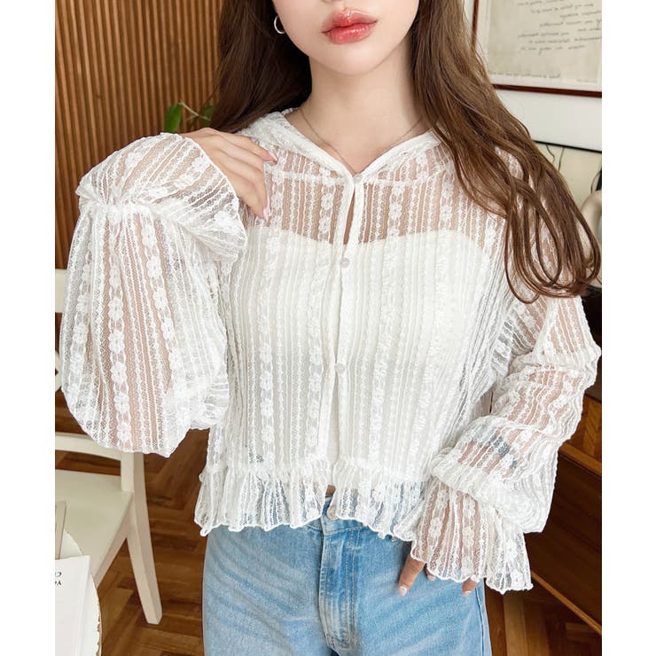 Chiffon Embroidery Frillショートカーディガン 新品 フラワーストライプストレッチレースショート丈フーディー