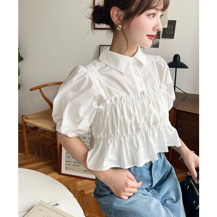 無地＆マルチストライプフリルビスチェセット半袖シャツブラウス | moment+ | 詳細画像9 