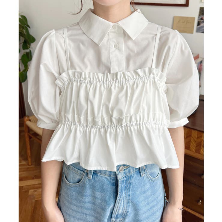 無地＆マルチストライプフリルビスチェセット半袖シャツブラウス | moment+ | 詳細画像15 