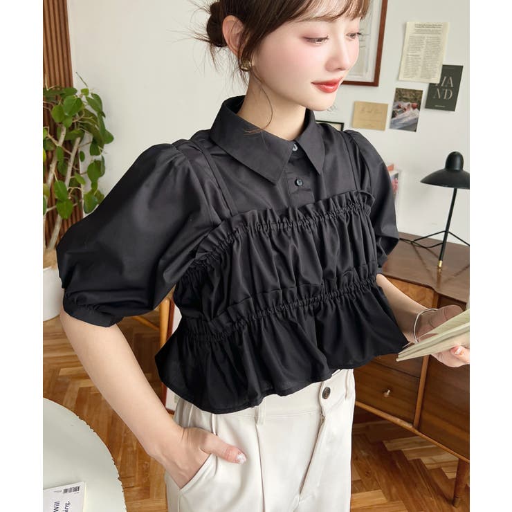 無地＆マルチストライプフリルビスチェセット半袖シャツブラウス | moment+ | 詳細画像17 