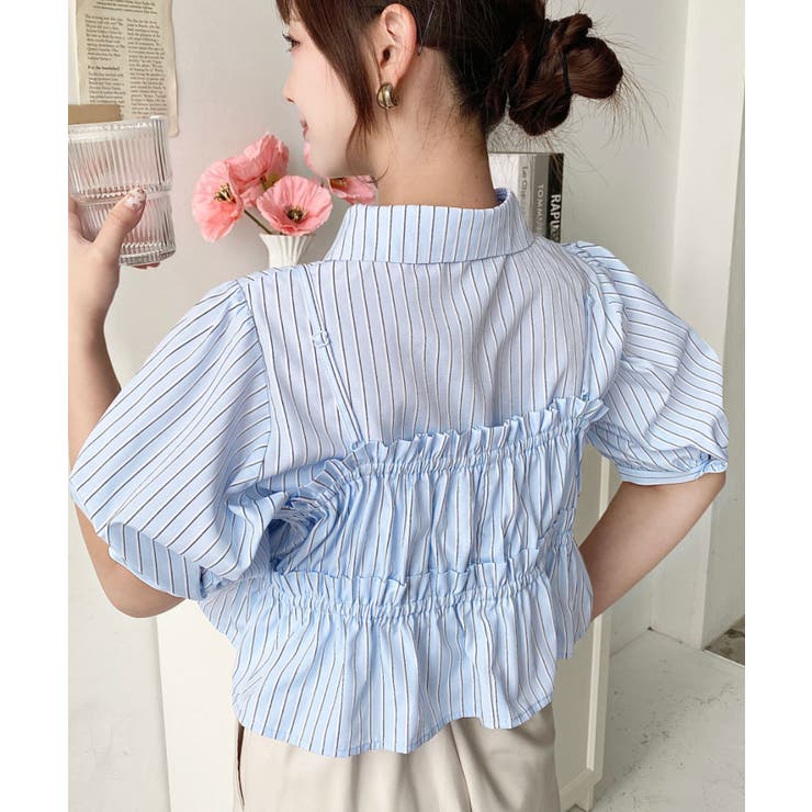 無地＆マルチストライプフリルビスチェセット半袖シャツブラウス | moment+ | 詳細画像30 