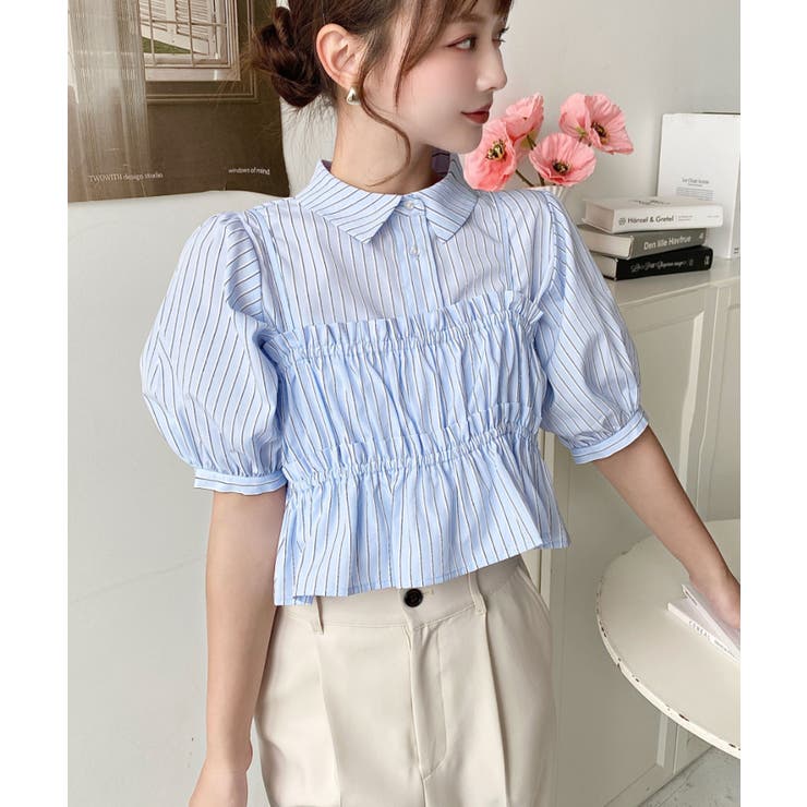 無地＆マルチストライプフリルビスチェセット半袖シャツブラウス | moment+ | 詳細画像31 