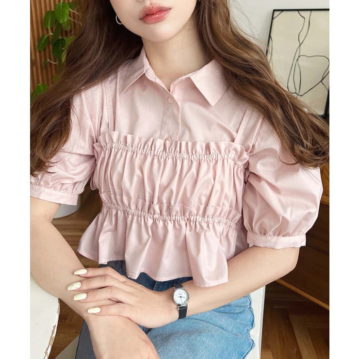 無地＆マルチストライプフリルビスチェセット半袖シャツブラウス | moment+ | 詳細画像44 