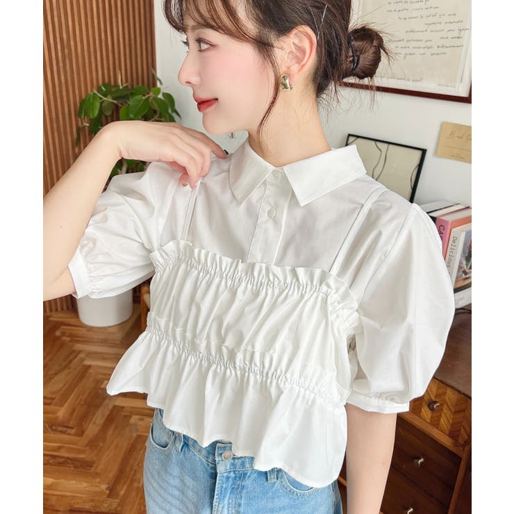 無地＆マルチストライプフリルビスチェセット半袖シャツブラウス | moment+ | 詳細画像5 