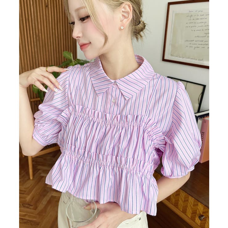 無地＆マルチストライプフリルビスチェセット半袖シャツブラウス | moment+ | 詳細画像47 