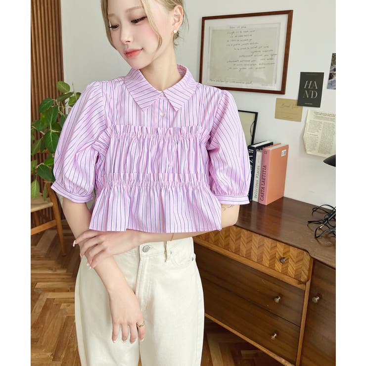 無地＆マルチストライプフリルビスチェセット半袖シャツブラウス | moment+ | 詳細画像49 