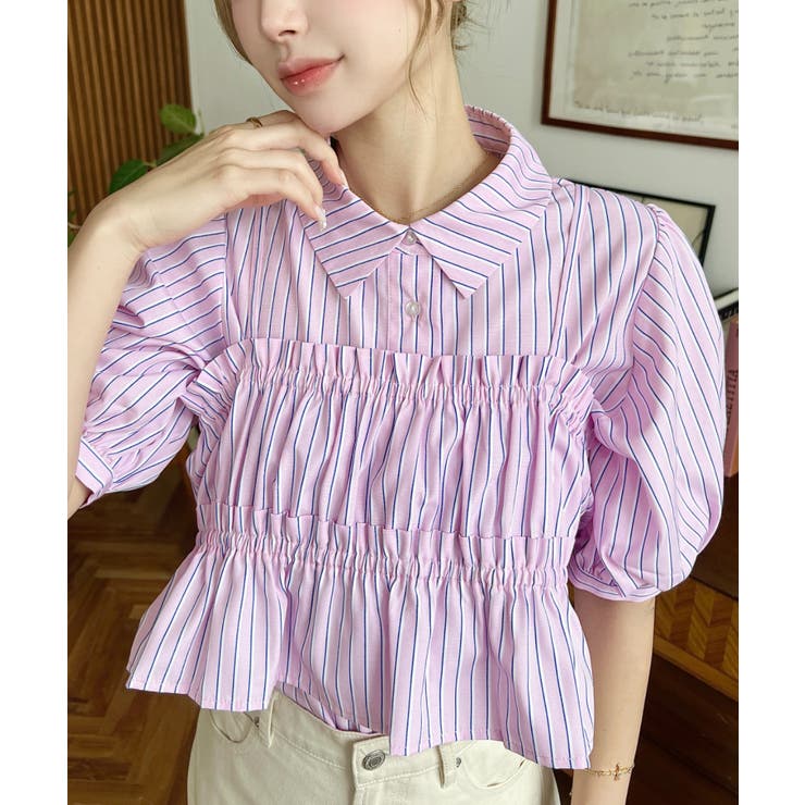 無地＆マルチストライプフリルビスチェセット半袖シャツブラウス | moment+ | 詳細画像50 