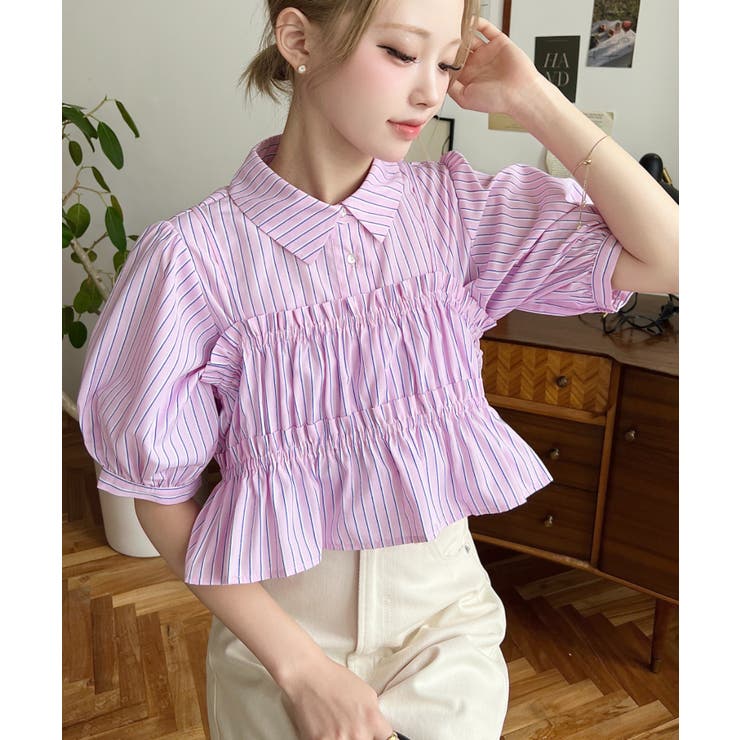 無地＆マルチストライプフリルビスチェセット半袖シャツブラウス | moment+ | 詳細画像51 