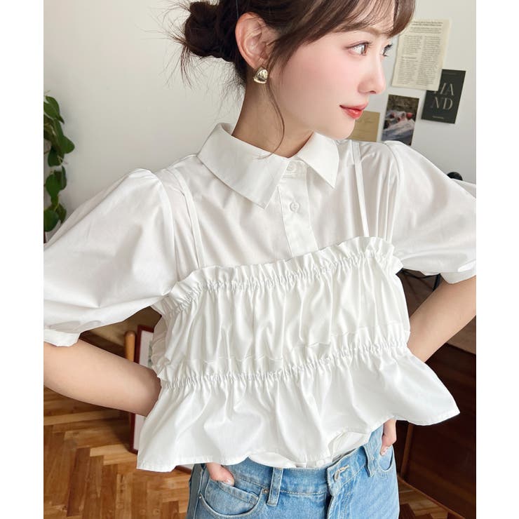 無地＆マルチストライプフリルビスチェセット半袖シャツブラウス | moment+ | 詳細画像7 