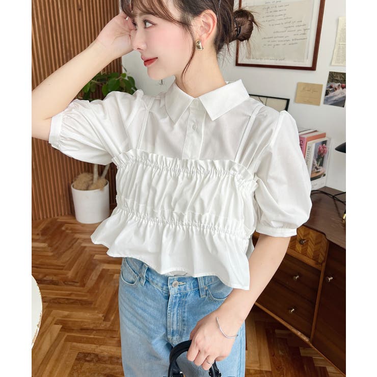 無地＆マルチストライプフリルビスチェセット半袖シャツブラウス | moment+ | 詳細画像8 