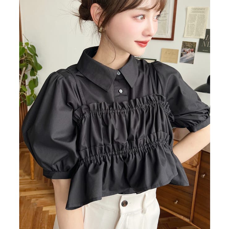 ブラック | 無地＆マルチストライプフリルビスチェセット半袖シャツブラウス | moment+