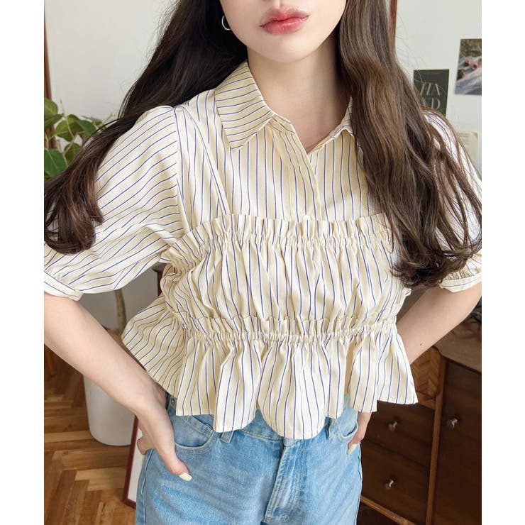 イエロー系その他 | 無地＆マルチストライプフリルビスチェセット半袖シャツブラウス | moment+