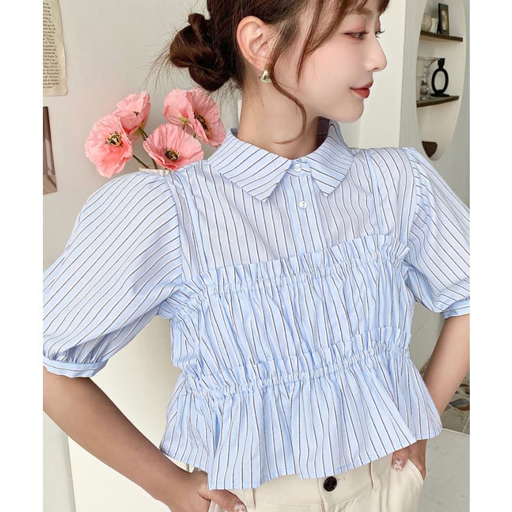 ブルー系その他 | 無地＆マルチストライプフリルビスチェセット半袖シャツブラウス | moment+