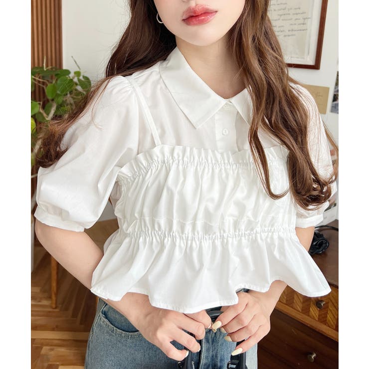 オフホワイト | 無地＆マルチストライプフリルビスチェセット半袖シャツブラウス | moment+