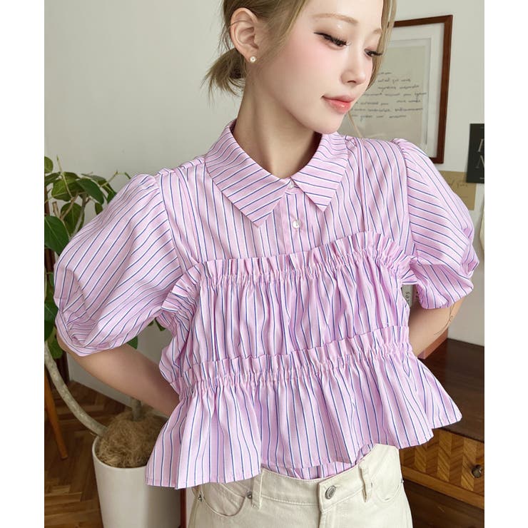 ピンク系その他 | 無地＆マルチストライプフリルビスチェセット半袖シャツブラウス | moment+