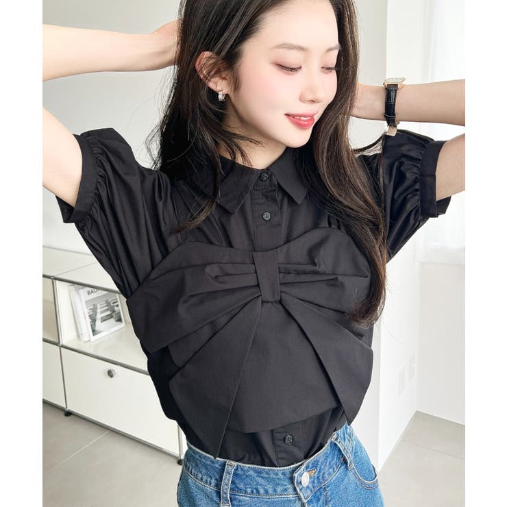 無地＆マルチストライプリボンビスチェセット半袖シャツブラウス | moment+ | 詳細画像10 