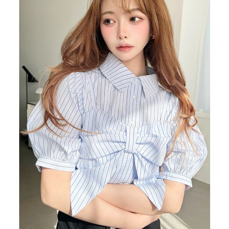 無地＆マルチストライプリボンビスチェセット半袖シャツブラウス | moment+ | 詳細画像11 