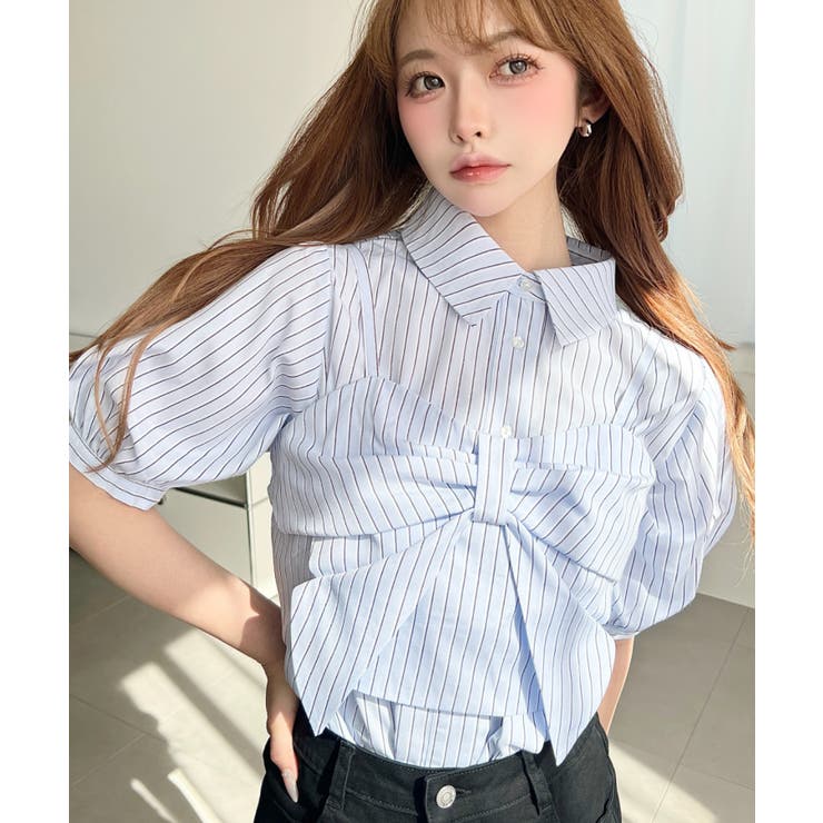 無地＆マルチストライプリボンビスチェセット半袖シャツブラウス | moment+ | 詳細画像12 