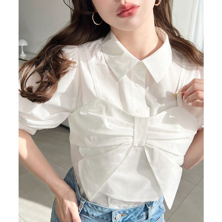 無地＆マルチストライプリボンビスチェセット半袖シャツブラウス | moment+ | 詳細画像2 