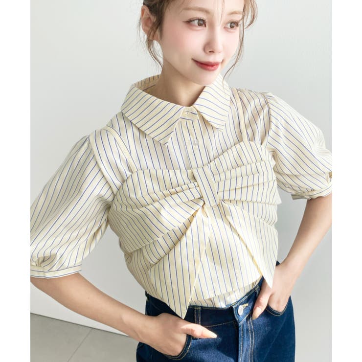 無地＆マルチストライプリボンビスチェセット半袖シャツブラウス | moment+ | 詳細画像20 