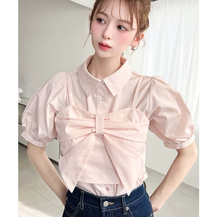 無地＆マルチストライプリボンビスチェセット半袖シャツブラウス | moment+ | 詳細画像28 