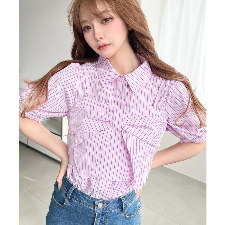 無地＆マルチストライプリボンビスチェセット半袖シャツブラウス | moment+ | 詳細画像32 